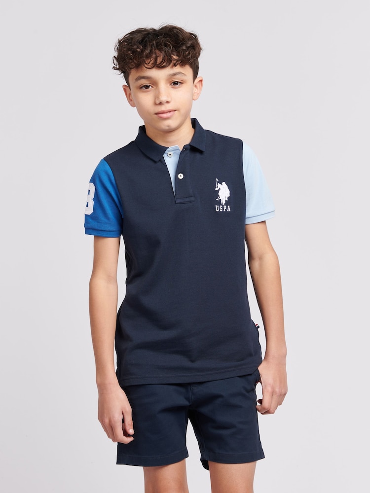 U.S. Polo Assn. Blue Boys 100% Cotton Player 3 Colourblock Polo Shirt - Image 1 of 6