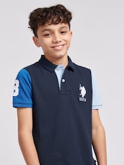 U.S. Polo Assn. Blue Boys 100% Cotton Player 3 Colourblock Polo Shirt - Image 2 of 6