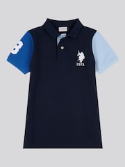 U.S. Polo Assn. Blue Boys 100% Cotton Player 3 Colourblock Polo Shirt - Image 5 of 6