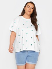Yours Curve White 100% Cotton Embroidered Palm Tree T-Shirt - Image 1 of 5