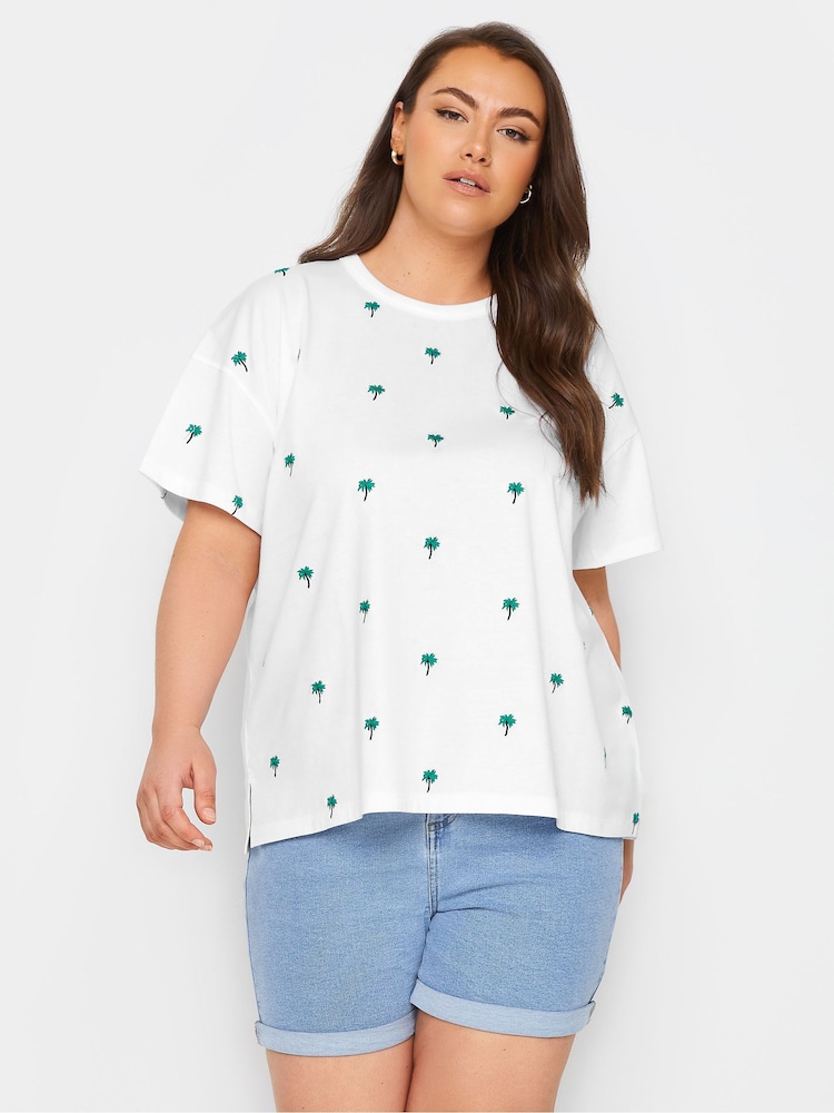 Yours Curve White 100% Cotton Embroidered Palm Tree T-Shirt - Image 1 of 5