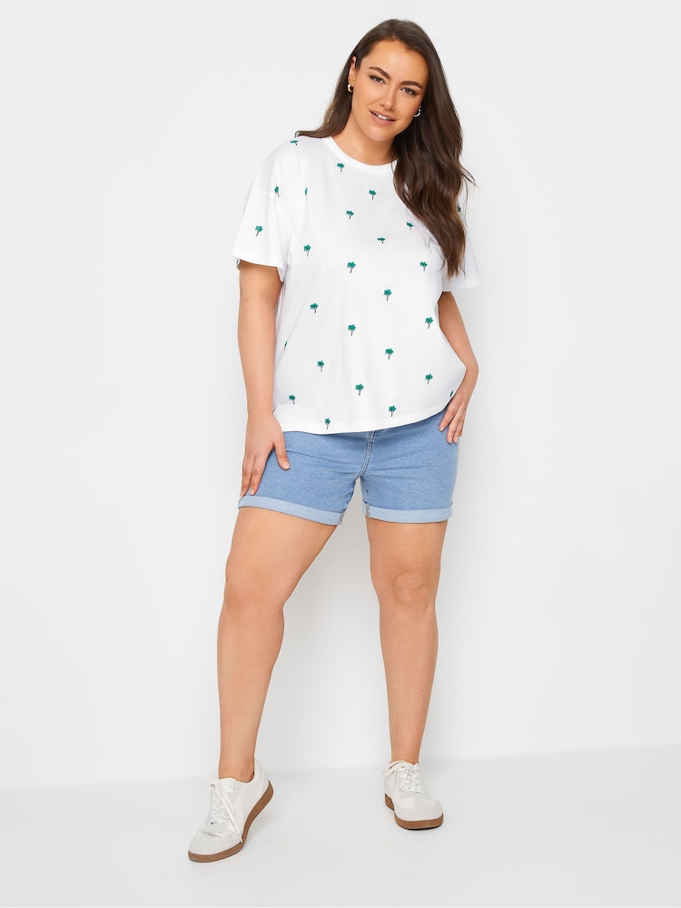 Yours Curve White 100% Cotton Embroidered Palm Tree T-Shirt - Image 2 of 5