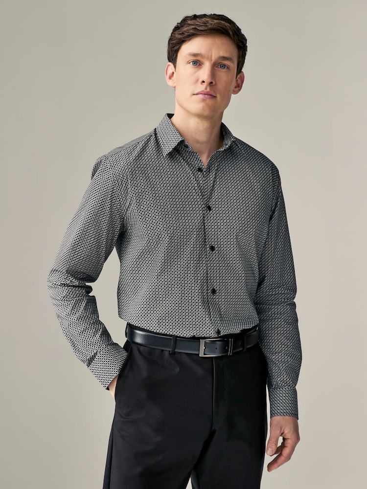 Black Geometric Link Print Regular Fit 100% Cotton Single Cuff Formal Shirt - Image 1 of 3