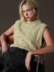 Green Nautral Twist High Neck Sleeveless Chunky Knitted Jumper Vest Top With Wool - Image 1 of 7