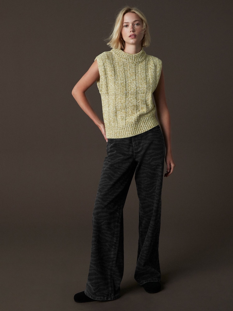 Green Nautral Twist High Neck Sleeveless Chunky Knitted Jumper Vest Top With Wool - Image 2 of 7