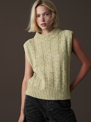 Green Nautral Twist High Neck Sleeveless Chunky Knitted Jumper Vest Top With Wool - Image 3 of 7