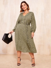 Friends Like These Khaki Green Printed Midi Shirt Dress - Image 1 of 4