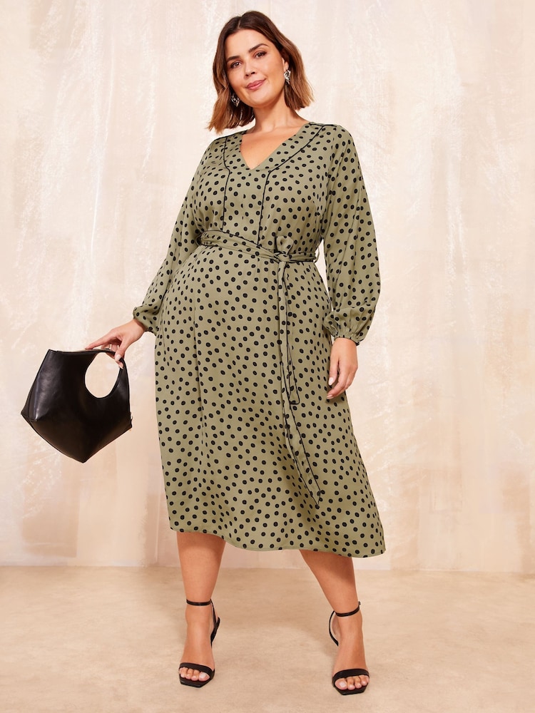 Friends Like These Khaki Green Printed Midi Shirt Dress - Image 1 of 4