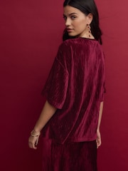 Berry Burgundy Red Plisse Velvet T-Shirt - Image 4 of 7
