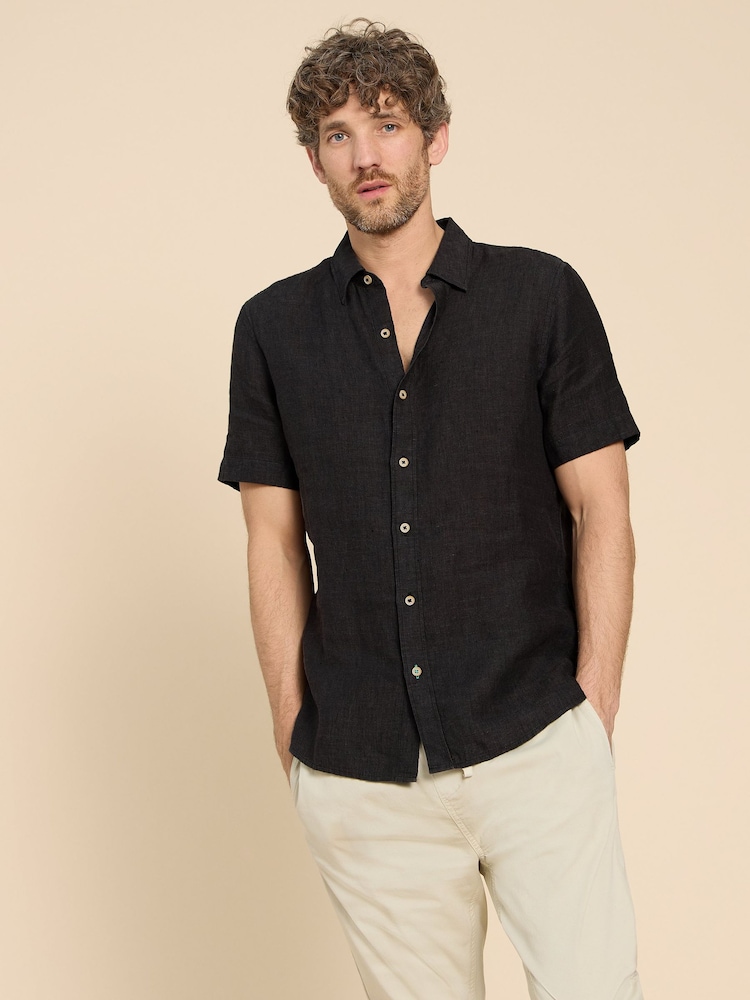 White Stuff Black Pembroke Short Sleeve 100% Linen Shirt - Image 1 of 7