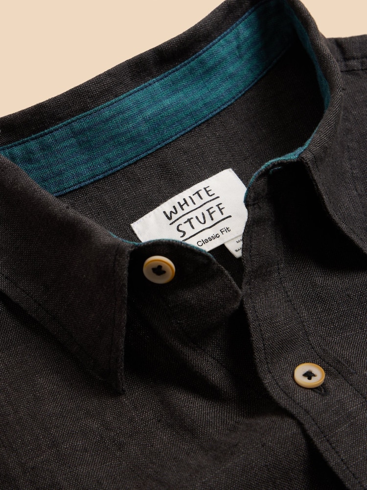 White Stuff Black Pembroke Short Sleeve 100% Linen Shirt - Image 7 of 7