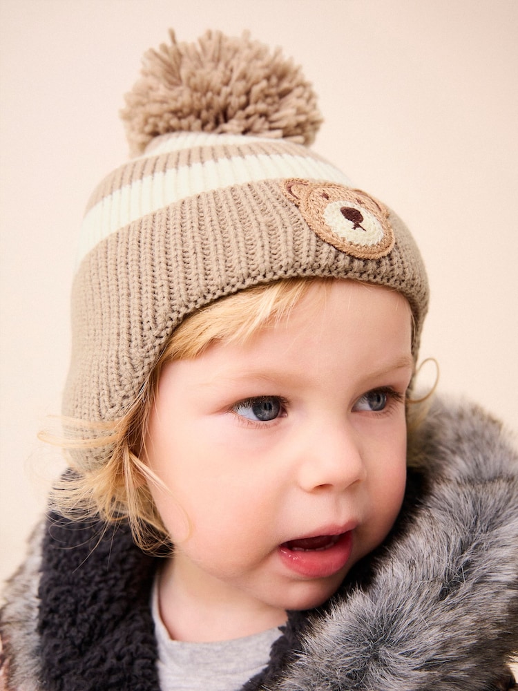 Neutral Stripe Bear Pom Hat (3mths-10yrs) - Image 2 of 6
