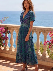 Roman Green Animal Print Beaded Midi Dress - Image 1 of 4