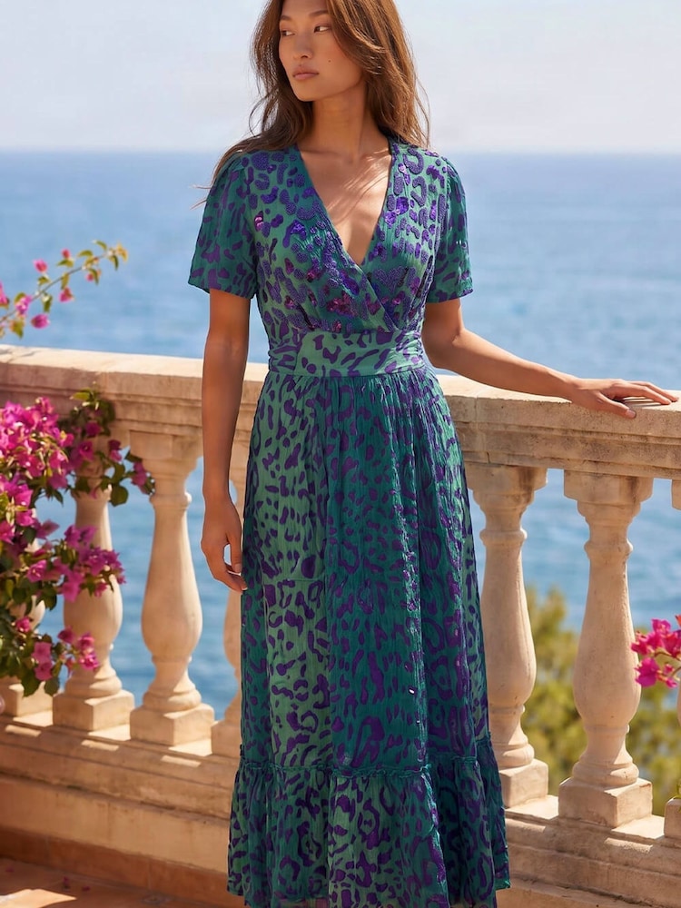 Roman Green Animal Print Beaded Midi Dress - Image 2 of 4