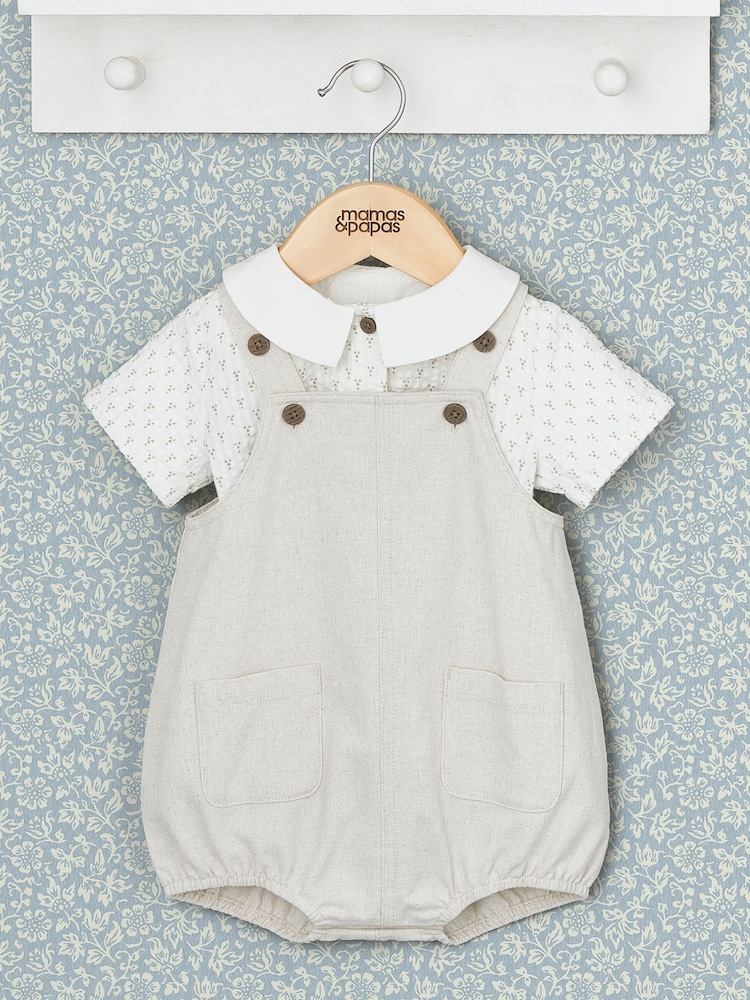 Mamas & Papas x Laura Ashley Cream Nutmeg 100% Cotton Print Shirt And Dungaree Set 2 Piece - Image 1 of 5