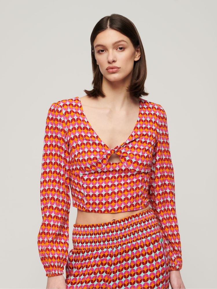 Superdry Pink Long Sleeve Woven Crop Top - Image 1 of 6