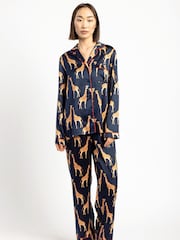 Chelsea Peers Blue Satin Giraffe Print Long Pyjama Set - Image 1 of 5