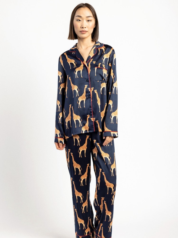 Chelsea Peers Blue Satin Giraffe Print Long Pyjama Set - Image 1 of 5