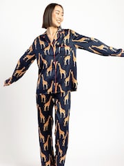 Chelsea Peers Blue Satin Giraffe Print Long Pyjama Set - Image 2 of 5