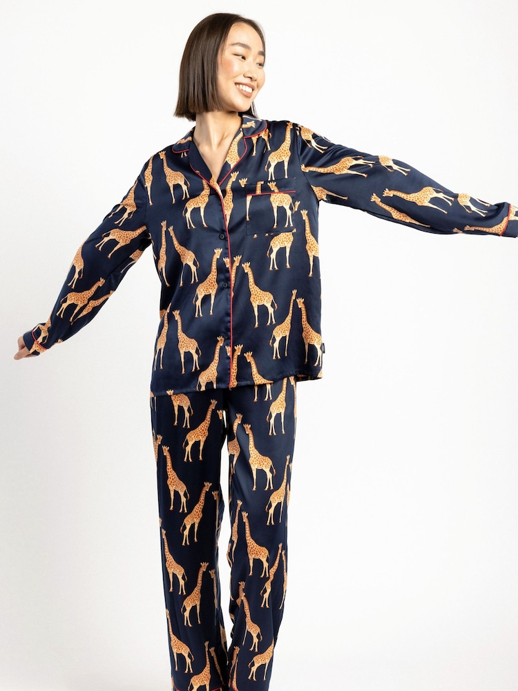 Chelsea Peers Blue Satin Giraffe Print Long Pyjama Set - Image 2 of 5
