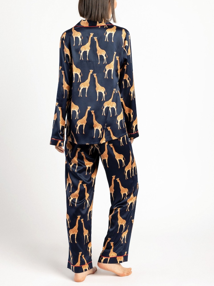 Chelsea Peers Blue Satin Giraffe Print Long Pyjama Set - Image 5 of 5