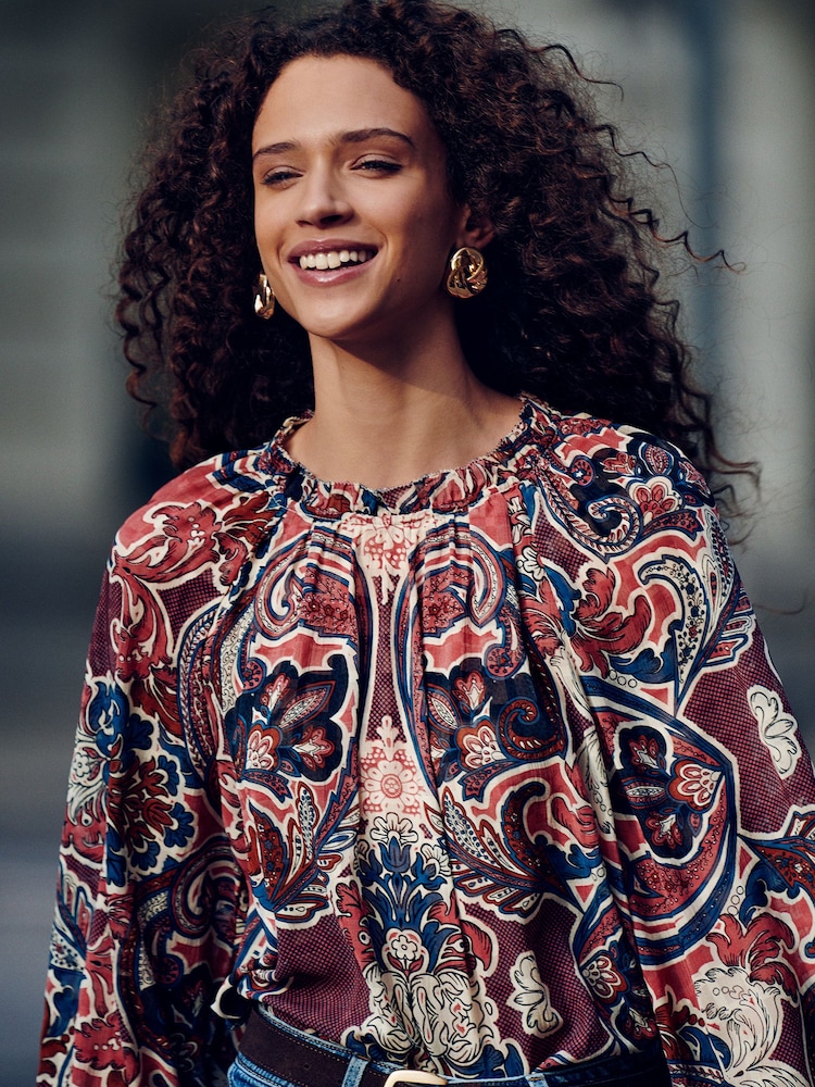 Pink Paisley Print Volume Long Sleeve Blouse - Image 1 of 7