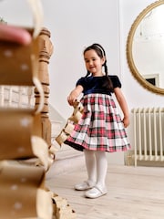 JoJo Maman Bébé Navy Blue Check & Velvet Party Dress - Image 1 of 6