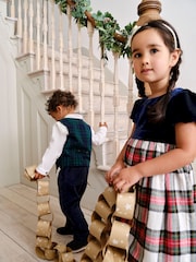 JoJo Maman Bébé Navy Blue Check & Velvet Party Dress - Image 2 of 6