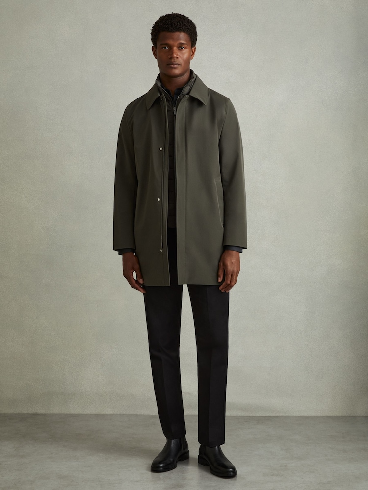 Reiss Dark Green Logan Hybrid Removable Funnel Neck Overcoat - Image 1 of 5