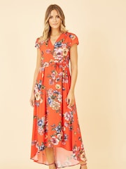 Mela Orange Wrap Dip Hem Dress - Image 1 of 5
