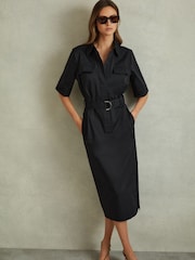 Reiss Black Aimie Cotton Blend Utility Belted Midi Dress - Image 1 of 5