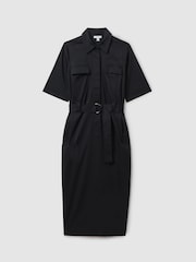 Reiss Black Aimie Cotton Blend Utility Belted Midi Dress - Image 2 of 5