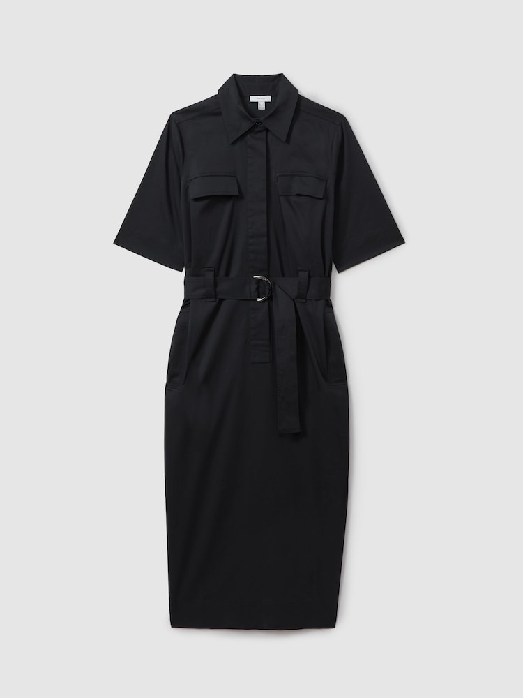 Reiss Black Aimie Cotton Blend Utility Belted Midi Dress - Image 2 of 5