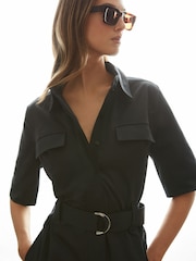 Reiss Black Aimie Cotton Blend Utility Belted Midi Dress - Image 3 of 5