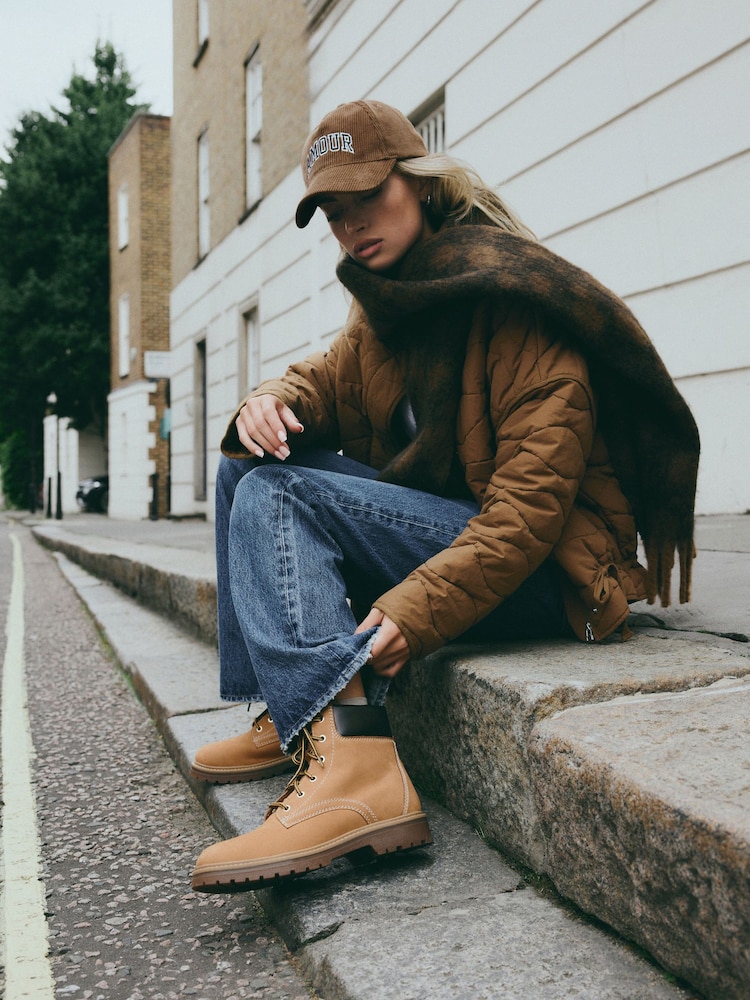 Tan Brown Leather Extra Wide Fit Forever Comfort® Lace-Up Collared Boots - Image 1 of 3