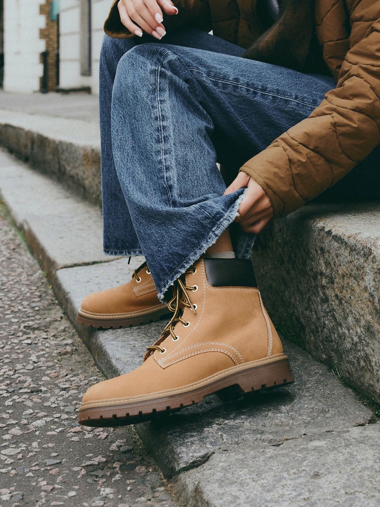 Tan Brown Leather Extra Wide Fit Forever Comfort® Lace-Up Collared Boots - Image 2 of 3