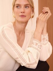 Love & Roses Ivory White Petite Lace Cuff V Neck Blouse - Image 2 of 4