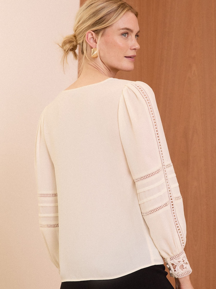 Love & Roses Ivory White Petite Lace Cuff V Neck Blouse - Image 4 of 4