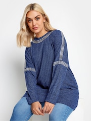 Yours Curve Blue Stud Neckline Embellished Jumper - Image 1 of 4