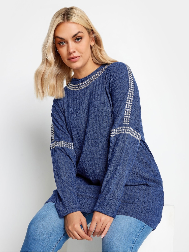 Yours Curve Blue Stud Neckline Embellished Jumper - Image 1 of 4
