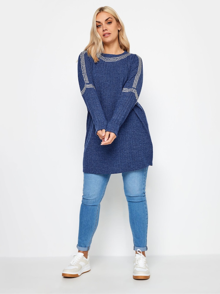 Yours Curve Blue Stud Neckline Embellished Jumper - Image 2 of 4