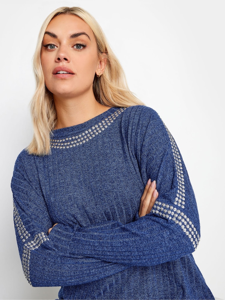 Yours Curve Blue Stud Neckline Embellished Jumper - Image 4 of 4