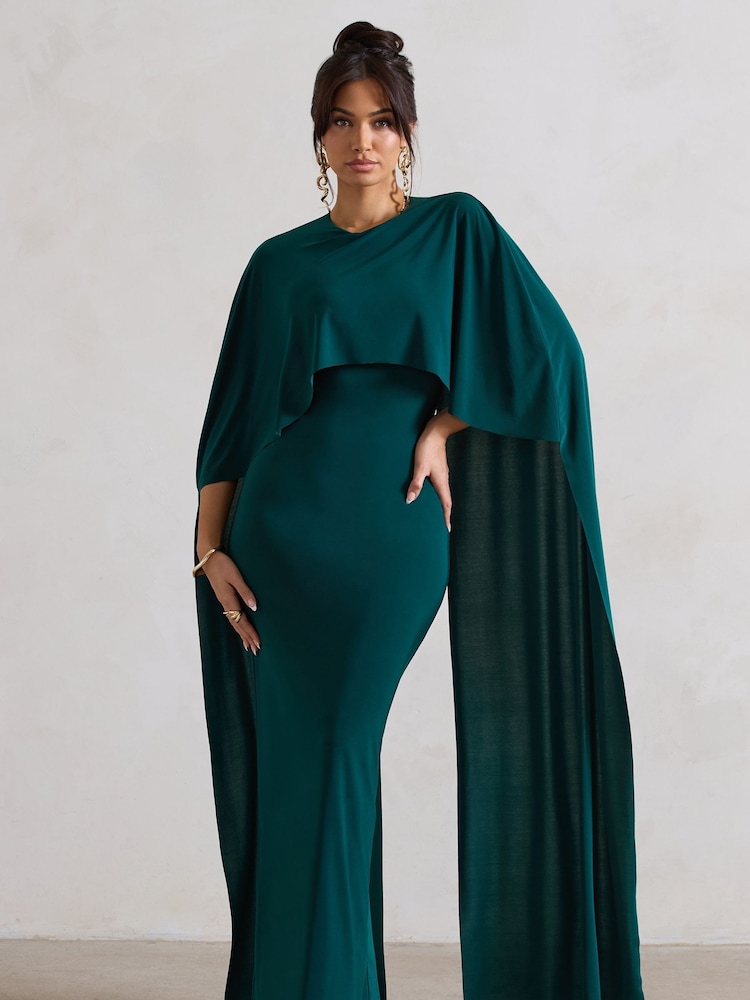 Club L London Forest Green Padma Draped Bardot Maxi Dress With Cape Sleeves - Image 1 of 5 Club L London Forest Green Padma Draped Bardot Maxi Dress With Cape Sleeves - Image 1 of 5