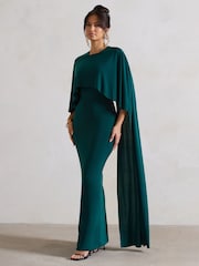 Club L London Forest Green Padma Draped Bardot Maxi Dress With Cape Sleeves - Image 3 of 5