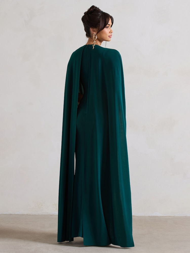 Club L London Forest Green Padma Draped Bardot Maxi Dress With Cape Sleeves - Image 5 of 5 Club L London Forest Green Padma Draped Bardot Maxi Dress With Cape Sleeves - Image 5 of 5