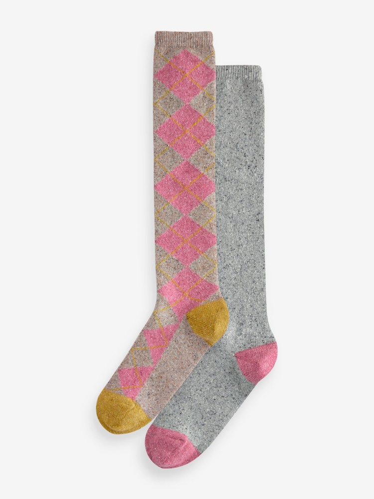 Pink/Grey Argyle Thermal Wool Blend Knee High Socks 2 Pack With Silk - Image 1 of 3 Pink/Grey Argyle Thermal Wool Blend Knee High Socks 2 Pack With Silk - Image 1 of 3