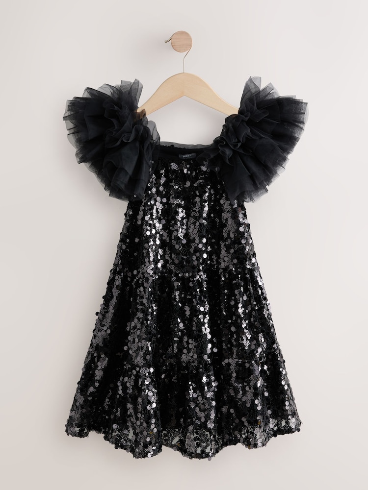 Black Puff Sleeve Sequin Party Dress (3-14yrs) - Image 1 of 4