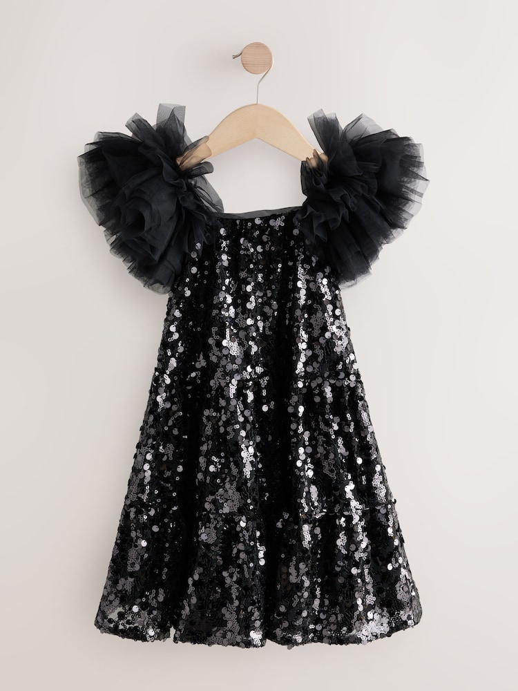 Black Puff Sleeve Sequin Party Dress (3-14yrs) - Image 2 of 4