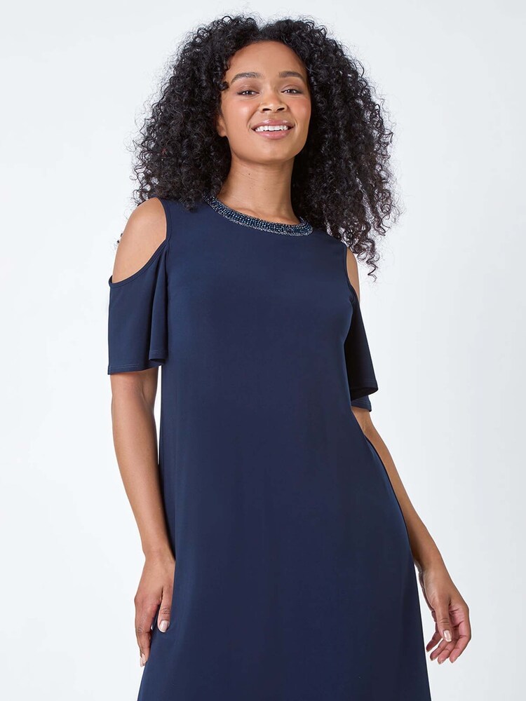Roman Blue Sparkle Cold Shoulder Dress - Image 1 of 5