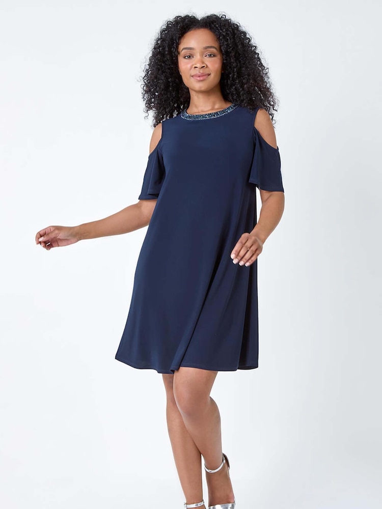 Roman Blue Sparkle Cold Shoulder Dress - Image 2 of 5